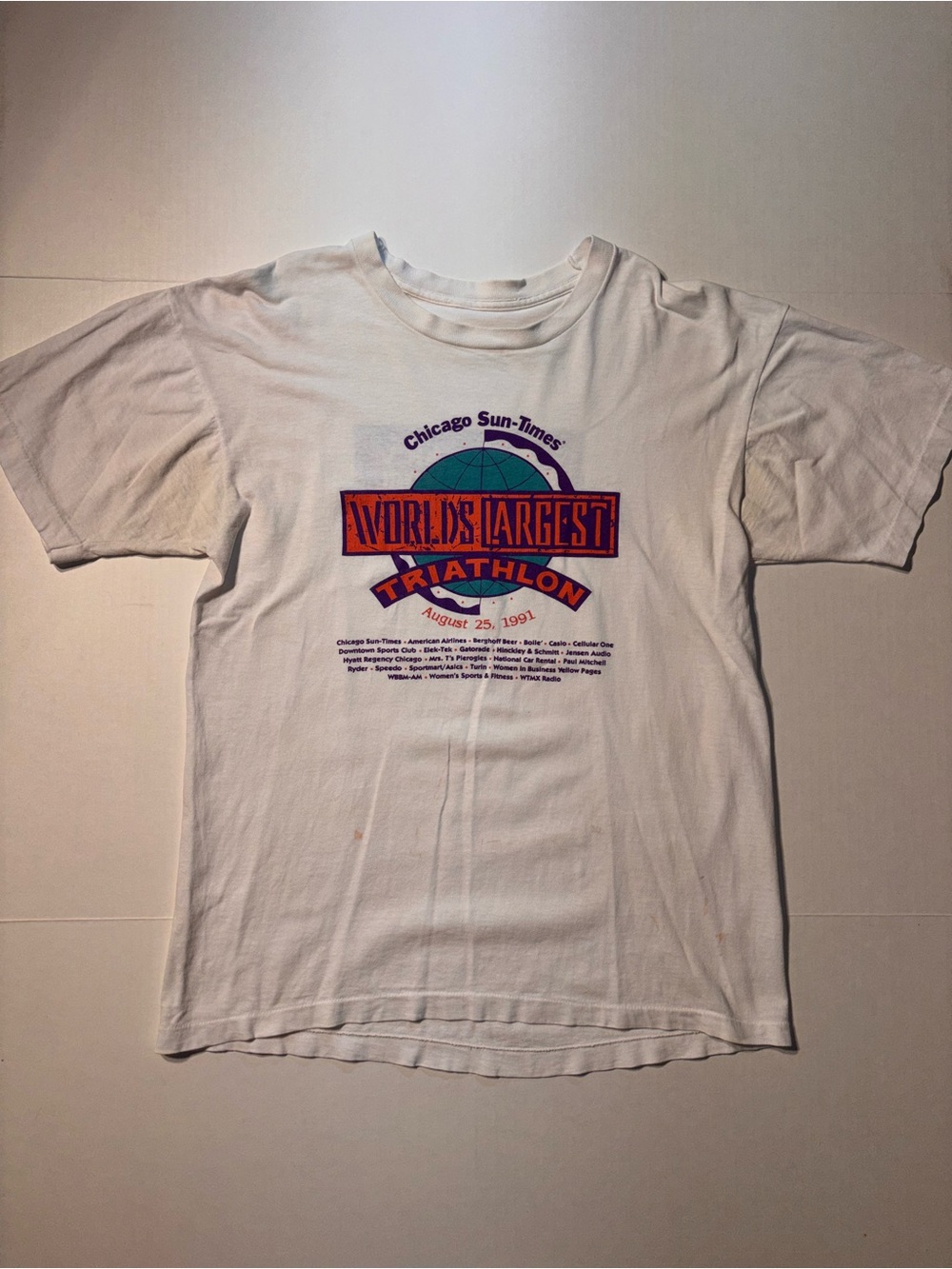 Vtg Champion Chicago Sun Times 1991 Worlds Largest Triathlon USA T-shirt Sz L